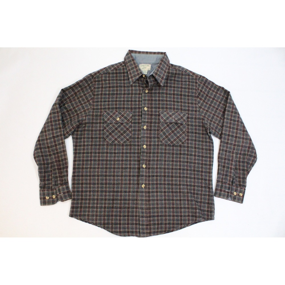 Oakton Ltd Mens Vintage Plaid Flannel Shirt Grey Burgundy Acrylic Rayon Large